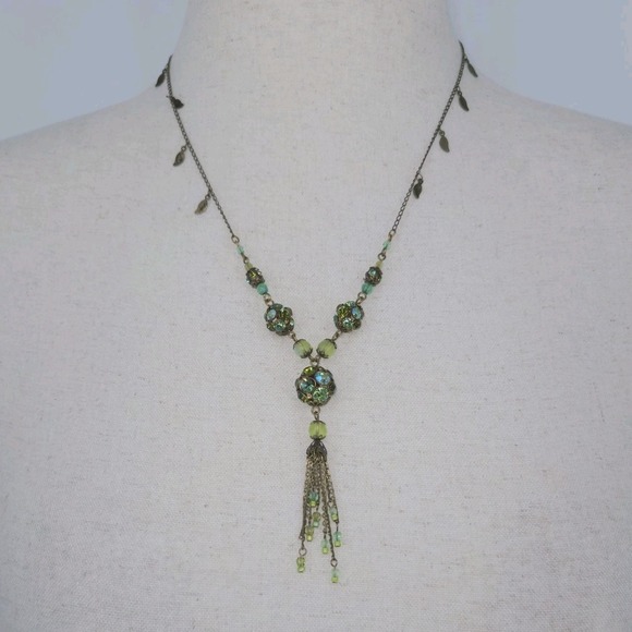 Michal Negrin Jewelry - Michal Negrin Green Crystal Tassel Necklace Bronze Tone 25" Boho Romantic Leaf